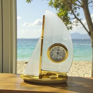 Breeze Collection Crystal Sailboat Mini Clock Japan Movement Nautical Gold Tone